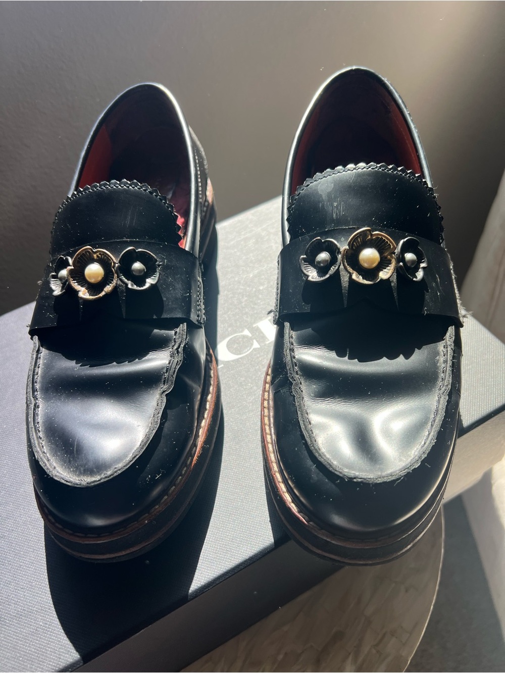 Coach - Black Leather Women’s  Loafers with Floral Trim